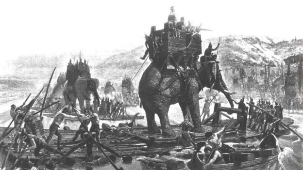 Depiction of Carthagenian Gen Hannibal crossing the Rhone with his elephants on rafts during the Punic Wars with the Roman Empire which began in 218 BC
