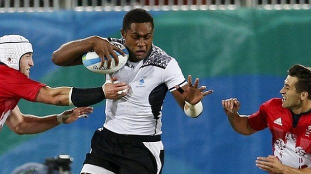 Viliame Mata runs with the ball for Fiji in the Olympic final against GB