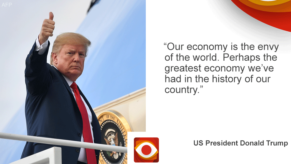 Card with President Trump on the left and the quote "Our economy is the envy of the world. Perhaps the greatest economy in the history of our country."