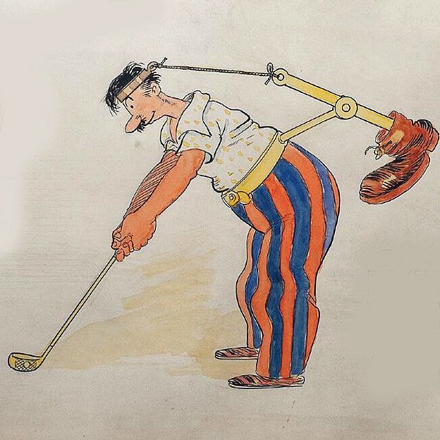 Bota amarrada a la cabeza de un golfista. © Rube Goldberg Inc. Todos los derechos reservados. RUBE GOLDBERG® es una marca registrada de Rube Goldberg Inc. Todos los materiales se usan con permiso. rubegoldberg.com.