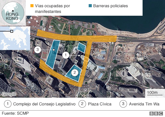 Mapa de las protestas en Hong Kong