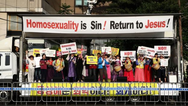 Anti-LGBT protesters at a rally in Seoul