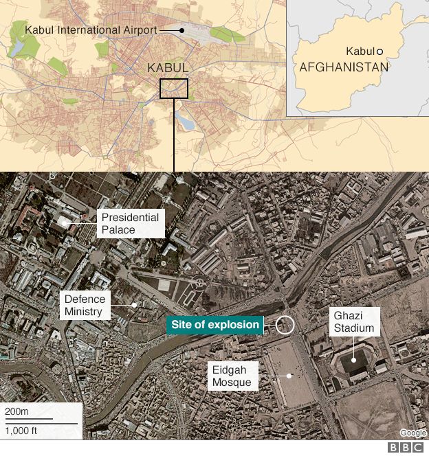 A map showing locations in Kabul attacked by militants