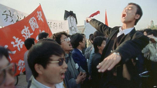 Estudiantes durante las protestas en Tiananmen.