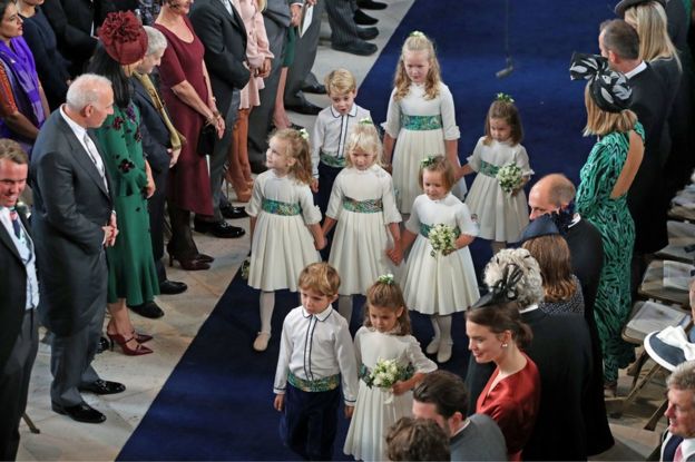 The bridesmaids and page boys arrive for the wedding of Princess Eugenie to Jack Brooksbank at St George"s Chapel in Windsor Castle, Windsor, Britain, October 12, 2018