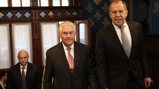 A handout photo made available by the US Department of State shows US Secretary of State Rex Tillerson (C) and Russian Foreign Minister Sergei Lavrov (R) ahead of their bilateral meeting at the Osobnyak Guest House in Moscow, Russia, 12 April 2017