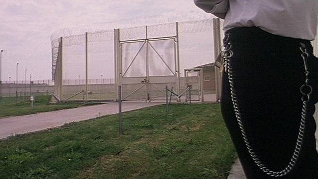 Prison fence with officer standing outside