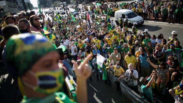 People take part in a demonstration to support Brazil's President Jair Bolsonaro, in Sao Paulo, Brazil, June 21, 2020