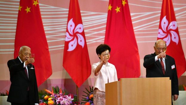 Carrie Lam at a flag-raising ceremony in Hong Kong on Wednesday