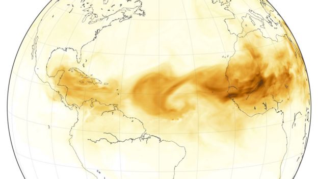 Mapa mostra nuvem de poeira do Saara na semana de 28 de junho de 2018