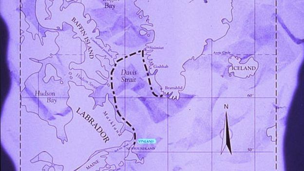 Mapa do que teria sido a chegada nórdica na América