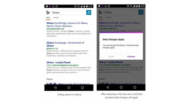 Imagem mostra funcionamento de "Free Basics" em Gana