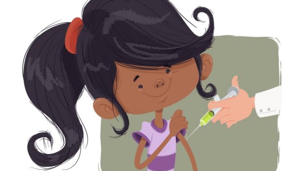 Ilustração mostra menina sorrindo e recebendo vacina