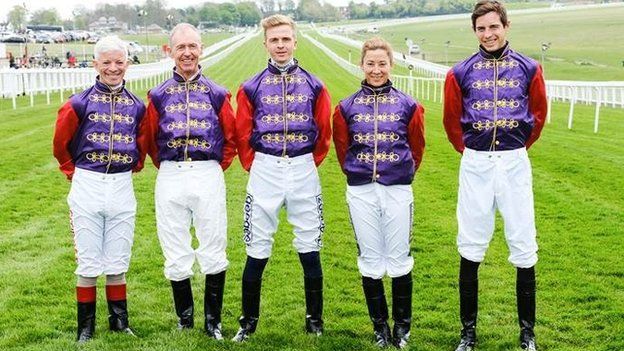 Jockeys Franny Norton, John Reid, David Probert, Hayley Turner and James Doyle at Epsom Racecoutse