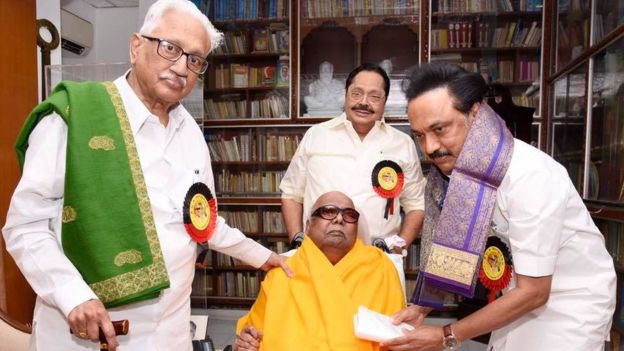 கருணாநிதி, மு.க. ஸ்டாலின் மற்றும் துரைமுருகன் ஆகியோருடன் க.அன்பழகன்.