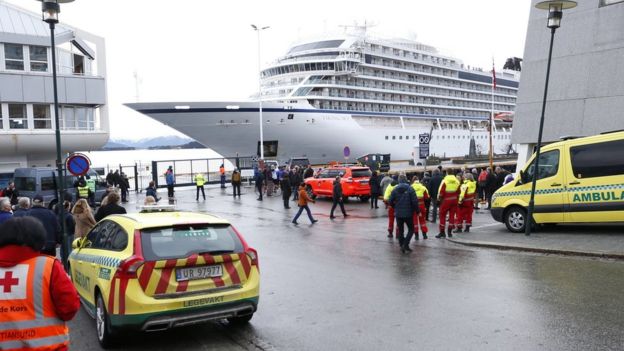 The cruise ship Viking Sky arrives at Molde port in Norway, 24 March 2019