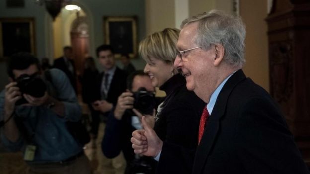 Senate Majority Leader Senator Mitch McConnell (R-KY) walks to the floor of the Senate on Capitol Hill on 1 December 2017 in Washington, DC.