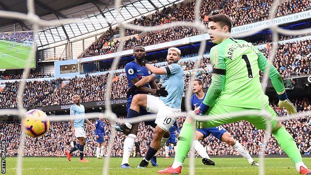 Aguero hooked his second goal home after Ross Barkley headed the bal back into his own penalty area