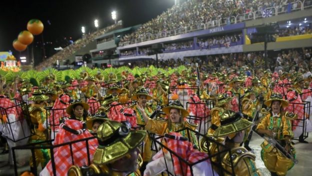 Members of Sao Clemente samba school perform during the second night of the Carnival parade in Rio de Janeiro, Brazil February 24, 2020.