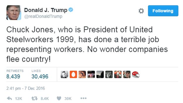 Trump tweet - "If United Steelworkers 1999 was any good, they would have kept those jobs in Indiana. Spend more time working-less time talking. Reduce dues."