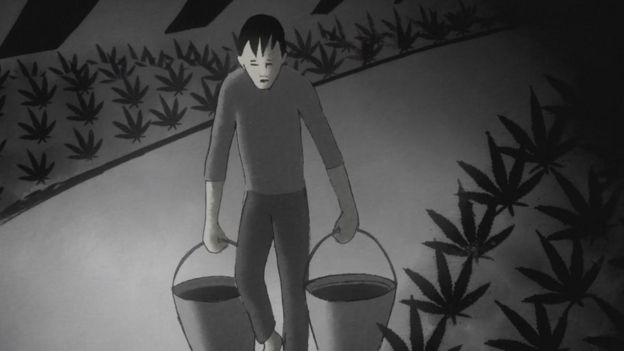 Ilustração do filme 'Os jardineiros secretos' mostra um menino carregando baldes em meio a plantação de maconha