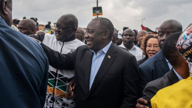 President Cyril Ramaphosa arrives to cast his vote at a primary school in Soweto on May 8