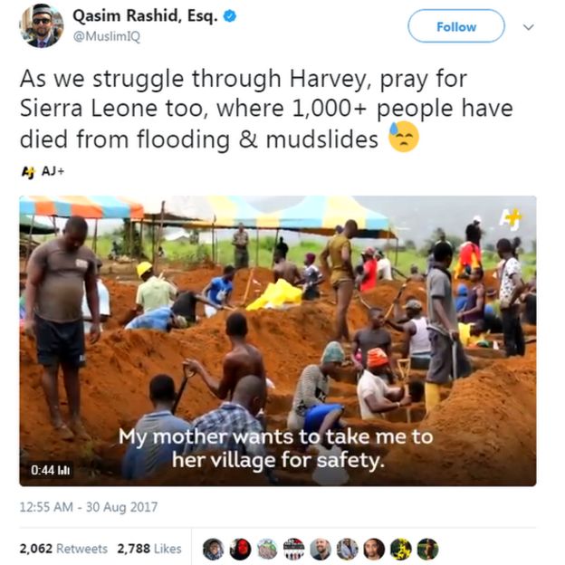 Qasim Rashid asked people on Twitter to 'pray for Sierra Leone' too after mud slides killed over 1000 people.