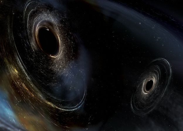 (ภาพจากฝีมือศิลปิน) หลุมดำที่กำลังจะชนและรวมตัวกัน ซึ่งเหตุการณ์นี้เป็นแหล่งกำเนิดของคลื่นความโน้มถ่วงที่ LIGO ตรวจจับได้เป็นครั้งที่ 3