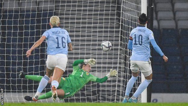 Spain's Jennifer Hermoso (10) scores a penalty to make it 1-0 during a FIFA Women's World Cup UEFA qualifiers Group Stage match between Scotland and Spain at Hampden Park,