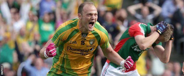 Donegal forward Colm McFadden celebrates scoring a goal in the victory over Mayo