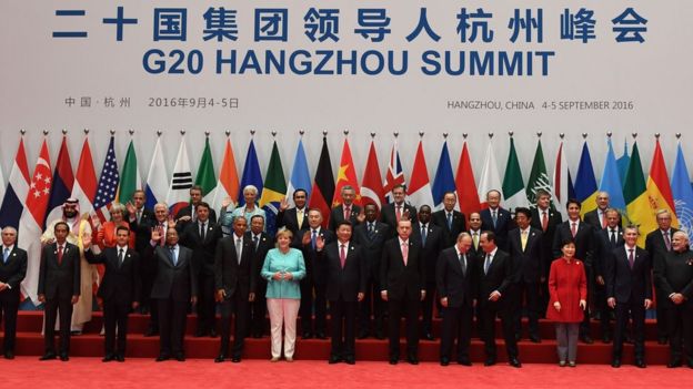 Foto grupal de líderes del G20 en Hangzhou, China.