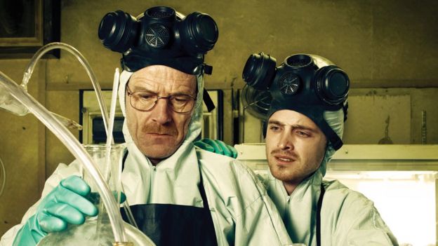 L to R: Bryan Cranston as Walter White and Aaron Paul as Jesse Pinkman