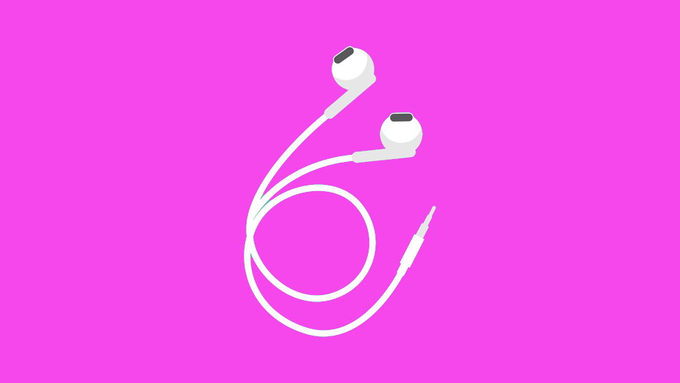 Ilustração de fone de ouvido branco com fundo rosa choque