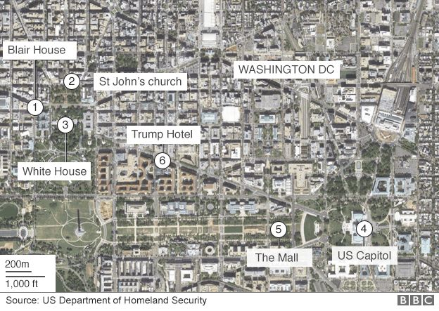The map showing Blair House, St. John's church, the White House, Trump Hotel, the National Mall and the US Capitol in Washington, DC.