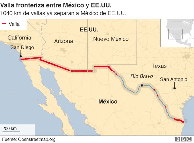 Mapa de la frontera entre EE.UU. y México