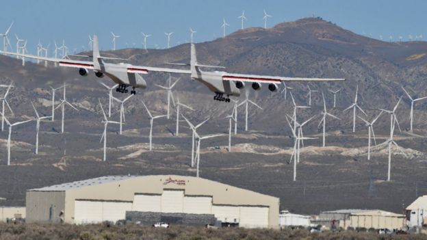 Stratolaunch, the world's largest plane, takes its maiden flight over California, April 2019