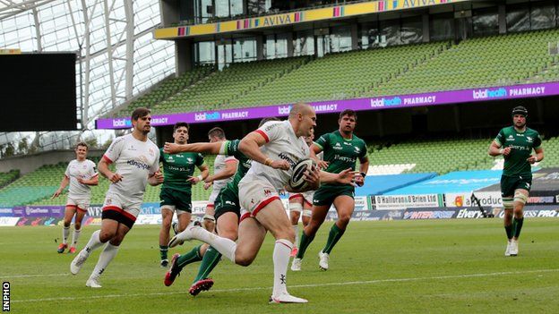 Jacob Stockdale scores a try for Ulster in last year's Pro14 match against Connacht at the Aviva Stadium