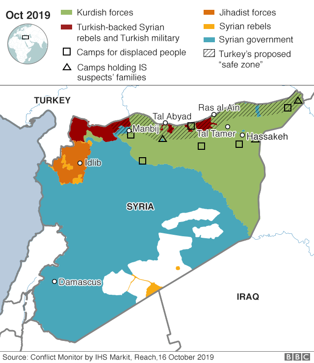 Map showing control of north-east Syria on 16 October 2019