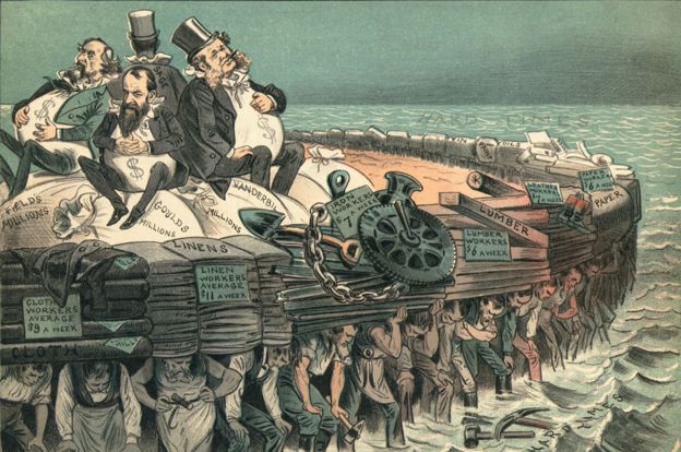 Caricatura que muestra a "barones ladrones" como Cornelius Vanderbilt (der.) y Jay Gould, a su lado, flotando con su dinero encima de un "barco" hecho de trabajadores que los sostienen