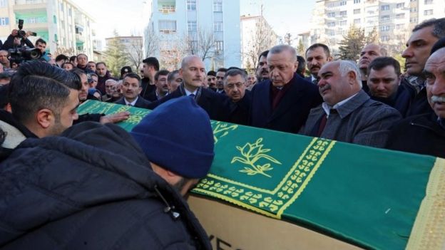 Turkish President Recep Tayyip Erdogan (centre-right) attends the funeral of some of the victims in Elazig. Photo: 25 January 2020