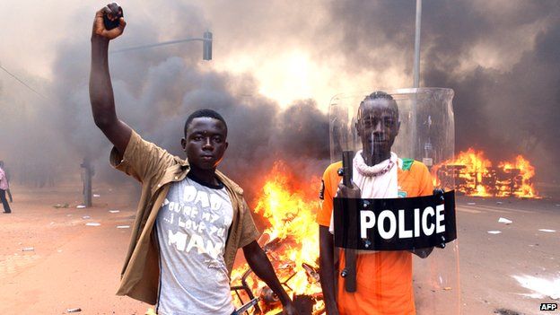 Protesters in the streets of the capital of Burkina Faso, Ouagadougou