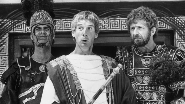 Members of the British comedy team, Monty Python, during the filming of their controversial film "The Life of Brian", John Cleese, Michael Palin as Pontius Pilate and Graham Chapman