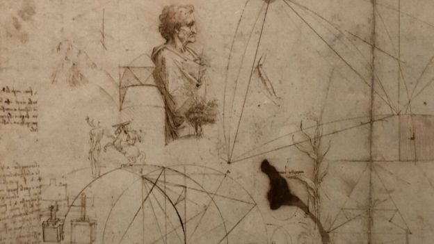 A "pen and brown ink on paper" drawing by Leonardo da Vinci, created circa 1490 and on loan from The Royal Collection