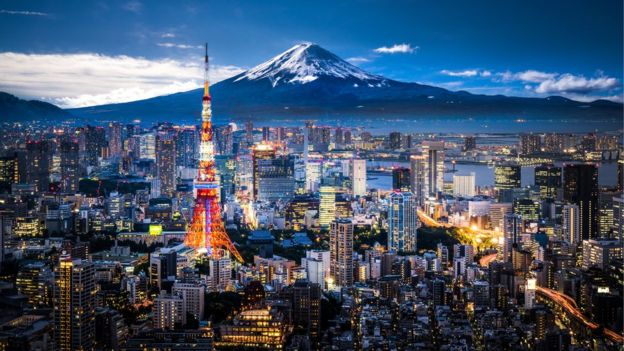 Mount Fuji behind Tokyo skyline