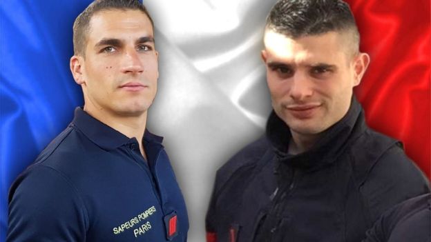 Simon Cartannaz (L) and Nathanael Josselin, the two firefighters who were killed in the gas explosion in central Paris (handout photo released on 12 January 2019 by the Paris firefighters)