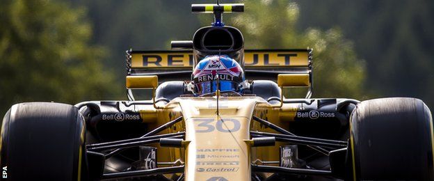 British Formula One driver Jolyon Palmer of Renault in action during the first practice session at the Spa-Francorchamps race track near Francorchamps, Belgium