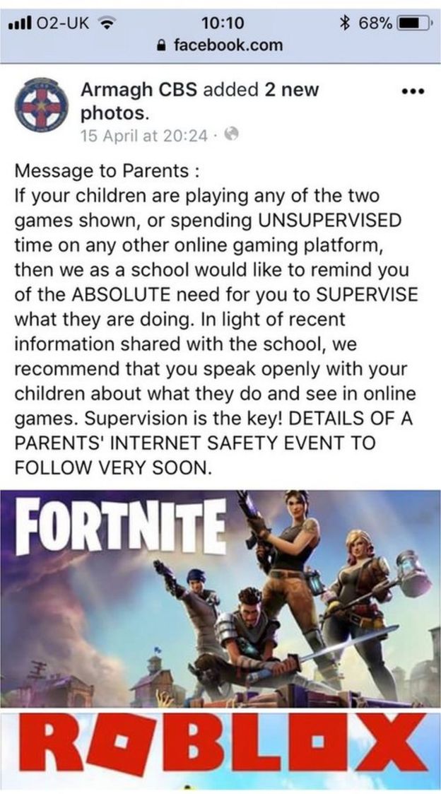 School Warns Over Roblox And Fortnite Online Games Bbc News - a facebook message from armagh cbs warning about the computer game fortnite