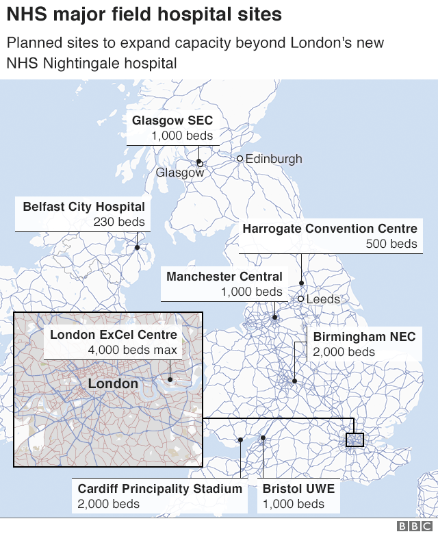 Map showing locations of NHS Nightingale in London and possible other locations