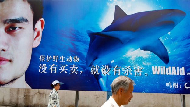 Pancarta con el exjugador de baloncesto Yao Ming exhortando al fin del comercio con objetos provenientes de especies amenazadas