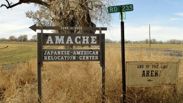 This Jan. 18, 2015, photo shows a sign at the entrance to Camp Amache, the site of a former World War Two-era Japanese-American internment camp in Granada, Colo.